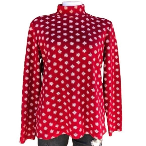 croft & barrow Tops - Croft & Barrow Mock Turtle Neck Red Snowflake Winter Top Long Sleeve Shirt Sz L